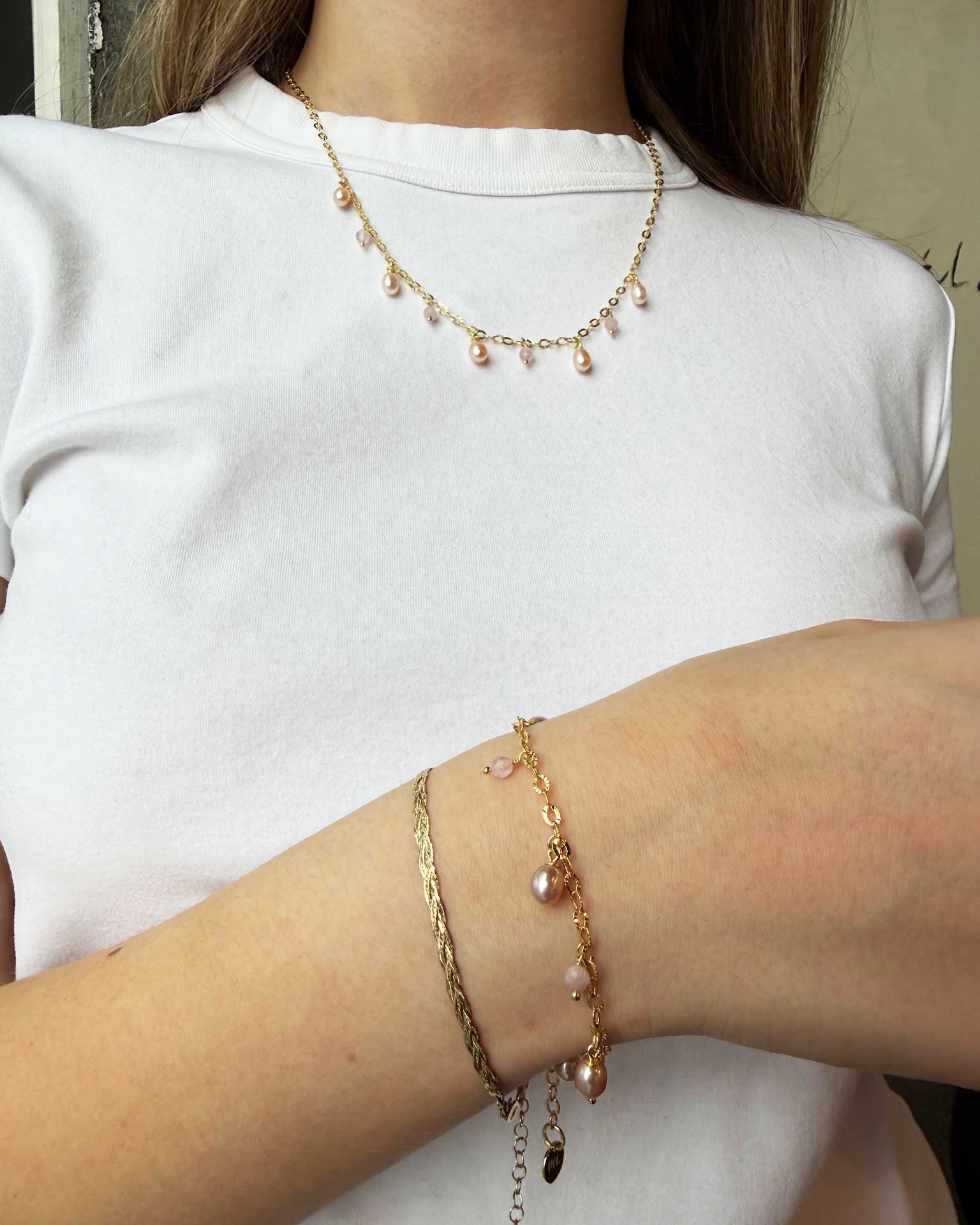 Haf Pink armband - Bleikar perlur & Rose Quartz