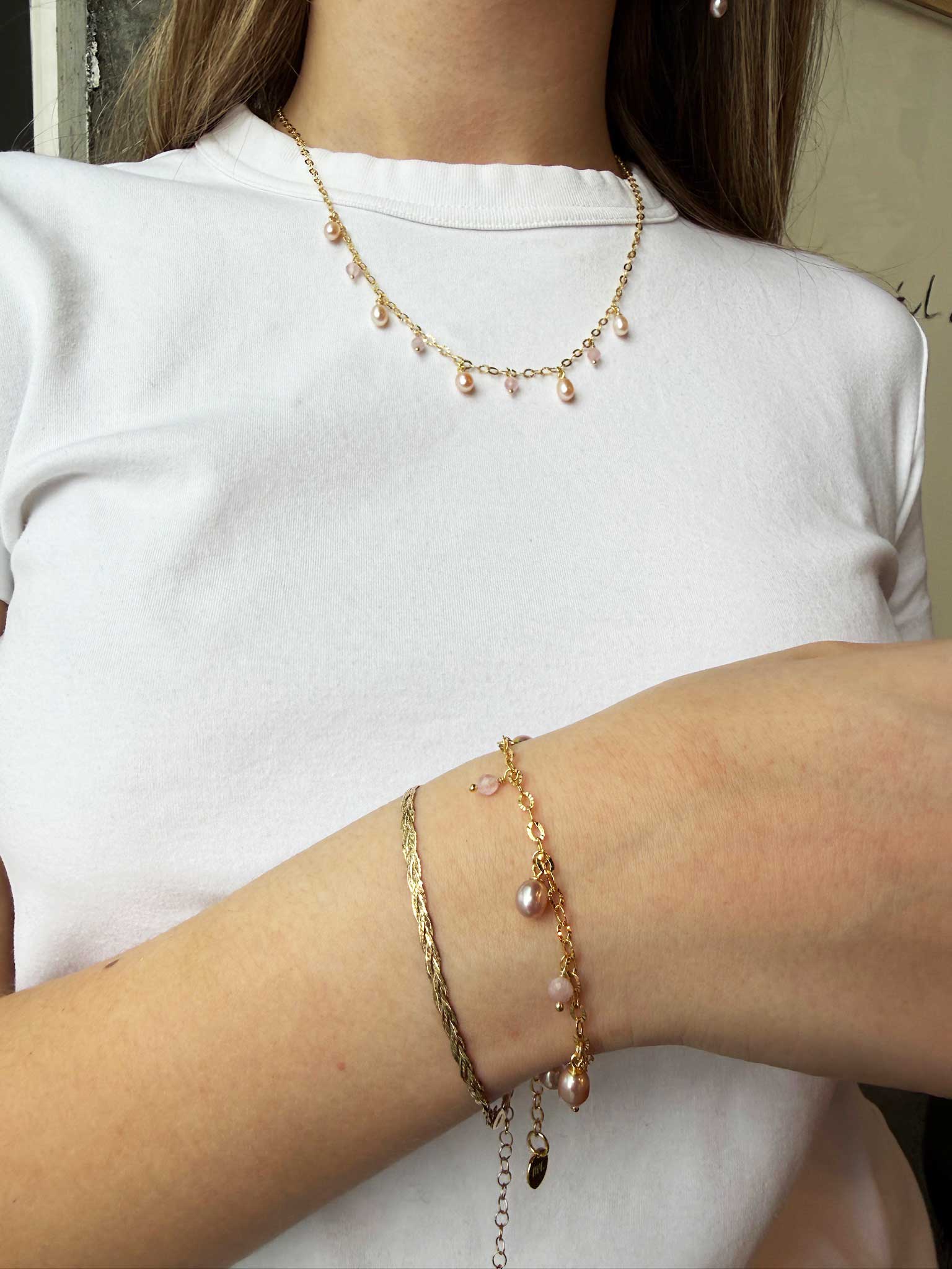Haf Pink armband - Bleikar perlur & Rose Quartz