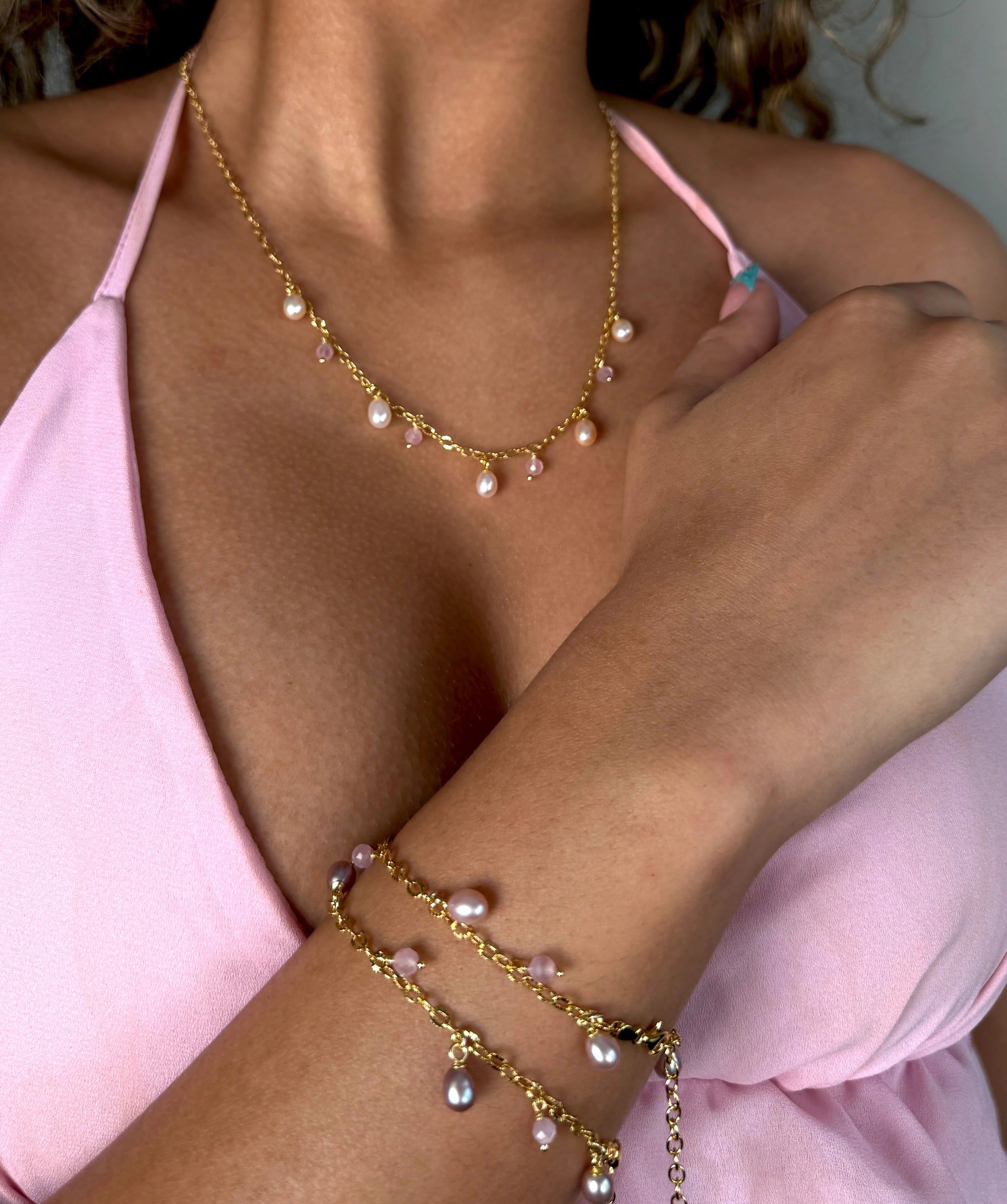 Haf Pink armband - Bleikar perlur & Rose Quartz