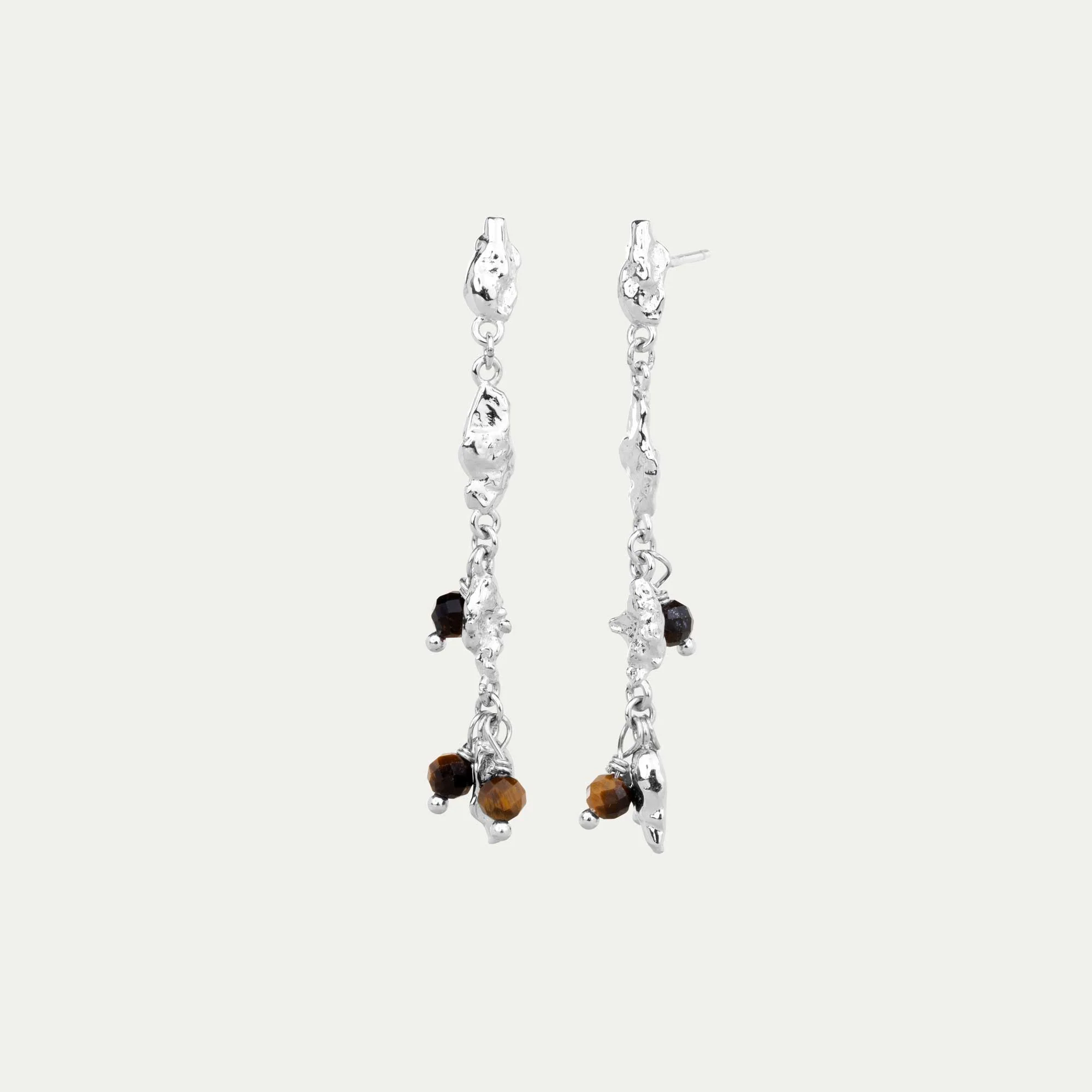BY•L – Örkörk eyrnalokkar stud með Tígrisauga & keðju - rhodium